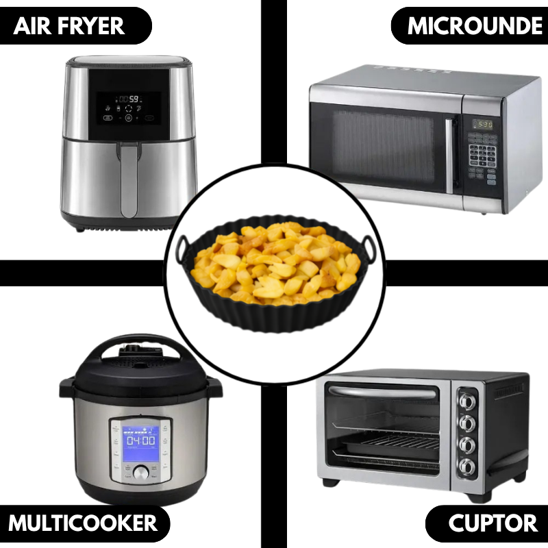 Tava Copt Air Fryer NARCIX®, Forma Silicon fara BPA, Reutilizabila, Antiaderenta, Rotunda, Accesoriu Air Fryer, Cuptor, Friteuza, Microunde 20x17x5cm, Negru