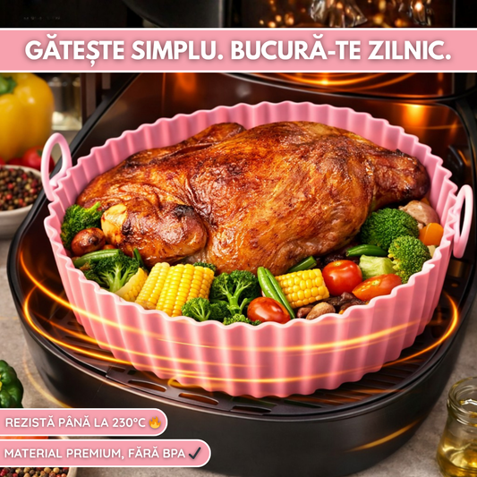 Tava Copt Air Fryer NARCIX®, Forma Silicon fara BPA, Reutilizabila, Antiaderenta, Rotunda, Accesoriu Air Fryer, Cuptor, Friteuza, Microunde 20x17x5cm, Roz