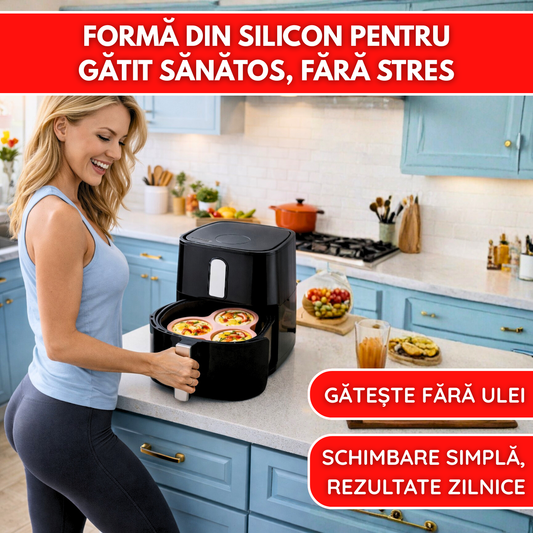 Forma Silicon Air Fryer NARCIX®, Silicon fara BPA, Ideal pentru Oua, Briose sau Clatite, 3 compartimente, Accesoriu Air Fryer, 23x21.5x2cm, Rosu