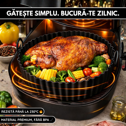 Tava Copt Air Fryer NARCIX®, Forma Silicon fara BPA, Reutilizabila, Antiaderenta, Rotunda, Accesoriu Air Fryer, Cuptor, Friteuza, Microunde 20x17x5cm, Negru
