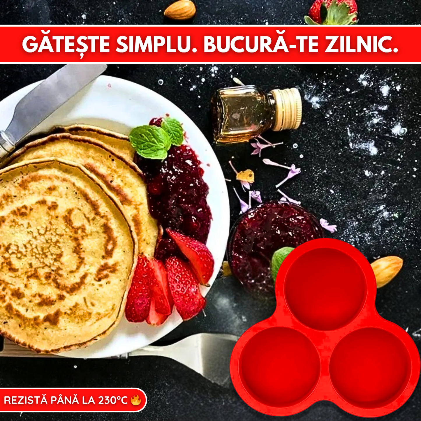 Forma Silicon Air Fryer NARCIX®, Silicon fara BPA, Ideal pentru Oua, Briose sau Clatite, 3 compartimente, Accesoriu Air Fryer, 23x21.5x2cm, Rosu