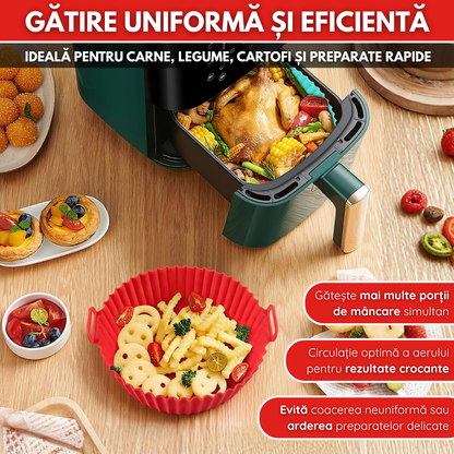 Tava Copt Air Fryer NARCIX®, Forma Silicon fara BPA, Reutilizabila, Antiaderenta, Rotunda, Accesoriu Air Fryer, Cuptor, Friteuza, Microunde 20x17x5cm, Rosu