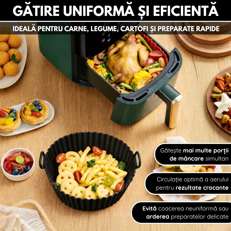 Tava Copt Air Fryer NARCIX®, Forma Silicon fara BPA, Reutilizabila, Antiaderenta, Rotunda, Accesoriu Air Fryer, Cuptor, Friteuza, Microunde 20x17x5cm, Negru