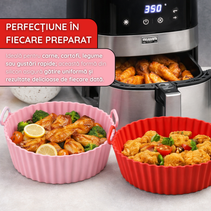 Tava Copt Air Fryer NARCIX®, Forma Silicon fara BPA, Reutilizabila, Antiaderenta, Rotunda, Accesoriu Air Fryer, Cuptor, Friteuza, Microunde 20x17x5cm, Roz