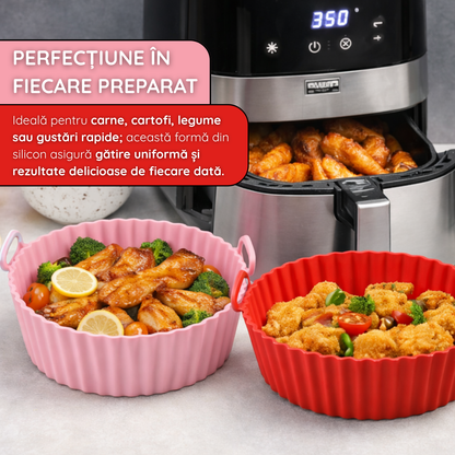 Tava Copt Air Fryer NARCIX®, Forma Silicon fara BPA, Reutilizabila, Antiaderenta, Rotunda, Accesoriu Air Fryer, Cuptor, Friteuza, Microunde 20x17x5cm, Rosu