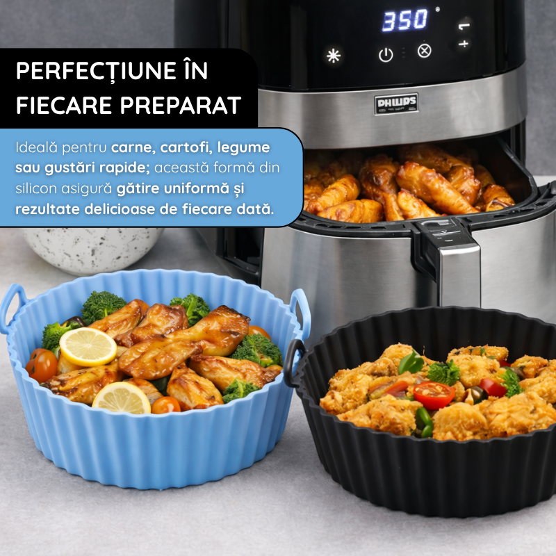 Tava Copt Air Fryer NARCIX®, Forma Silicon fara BPA, Reutilizabila, Antiaderenta, Rotunda, Accesoriu Air Fryer, Cuptor, Friteuza, Microunde 20x17x5cm, Negru