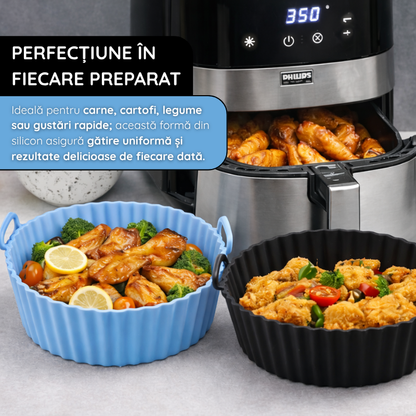 Tava Copt Air Fryer NARCIX®, Forma Silicon fara BPA, Reutilizabila, Antiaderenta, Rotunda, Accesoriu Air Fryer, Cuptor, Friteuza, Microunde 20x17x5cm, Negru