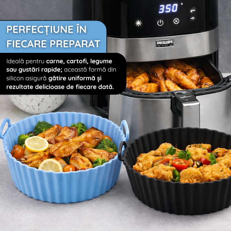 Tava Copt Air Fryer NARCIX®, Forma Silicon fara BPA, Reutilizabila, Antiaderenta, Rotunda, Accesoriu Air Fryer, Cuptor, Friteuza, Microunde 20x17x5cm, Albastru