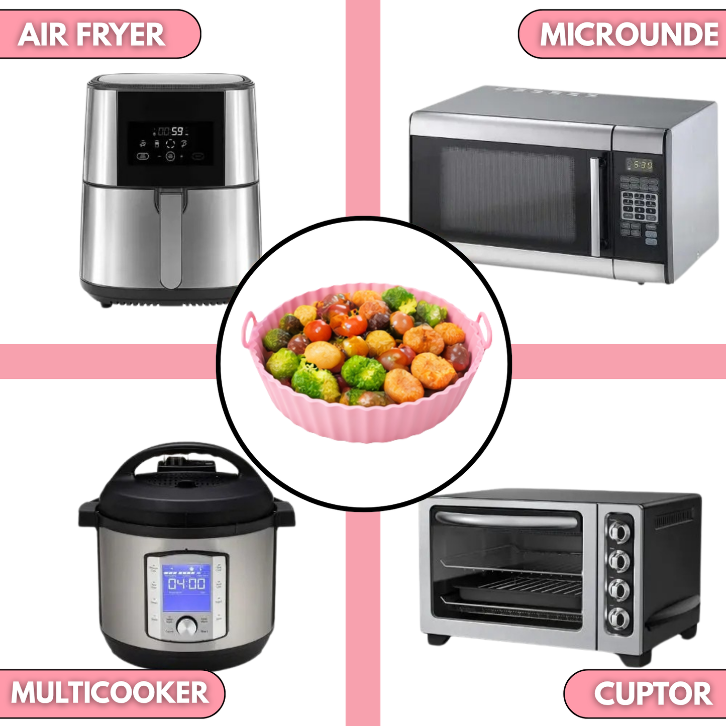 Tava Copt Air Fryer NARCIX®, Forma Silicon fara BPA, Reutilizabila, Antiaderenta, Rotunda, Accesoriu Air Fryer, Cuptor, Friteuza, Microunde 20x17x5cm, Roz