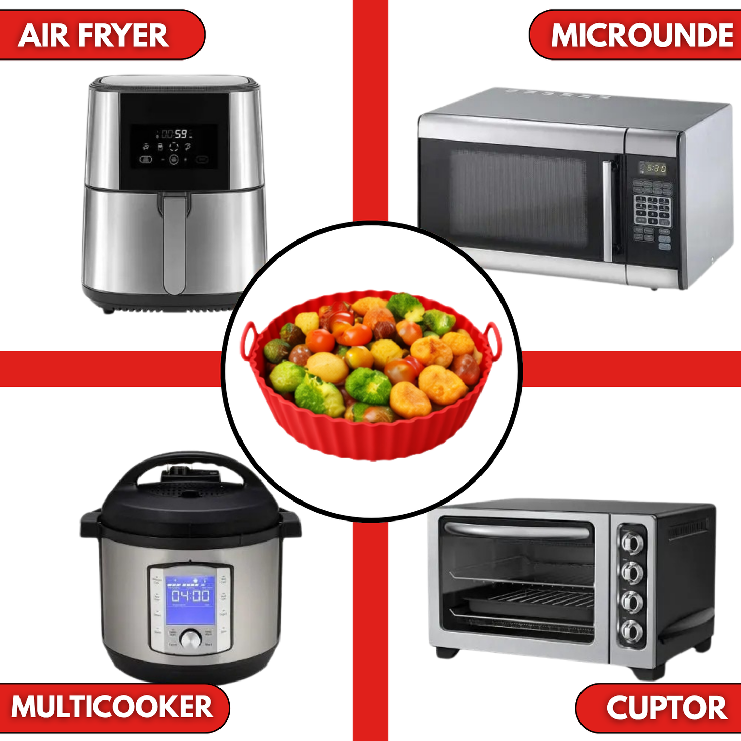 Tava Copt Air Fryer NARCIX®, Forma Silicon fara BPA, Reutilizabila, Antiaderenta, Rotunda, Accesoriu Air Fryer, Cuptor, Friteuza, Microunde 20x17x5cm, Rosu