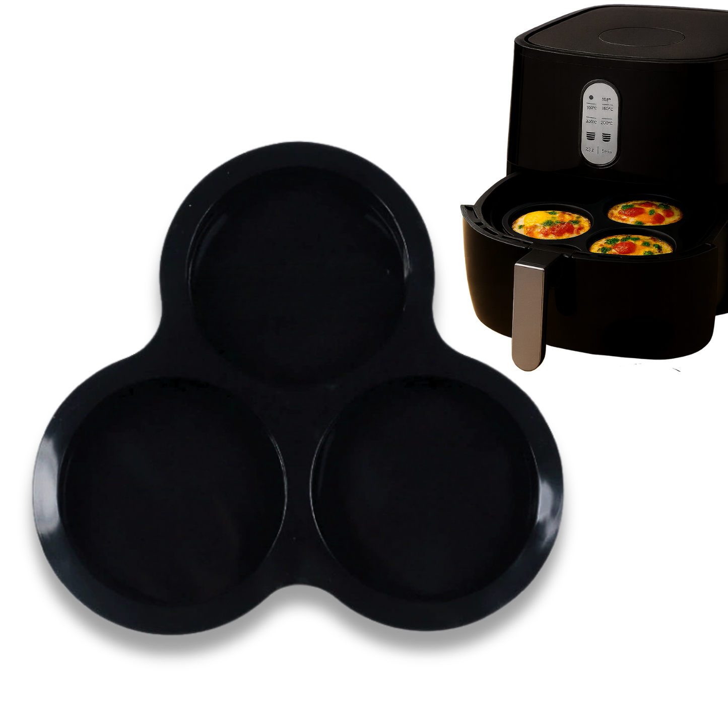 Forma Silicon Air Fryer NARCIX®, Silicon fara BPA, Ideal pentru Oua, Briose sau Clatite, 3 compartimente, Accesoriu Air Fryer, 23x21.5x2cm, Negru
