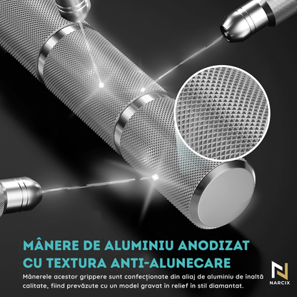 Flexor Antebraț NARCIX®, Hand Gripper Profesional Gri, Rezistență 50KG, Mânere din Aluminiu Anodizat cu Textură Anti-Alunecare, Arc Rezistent, Antrenament Mâini, Degete și Priză