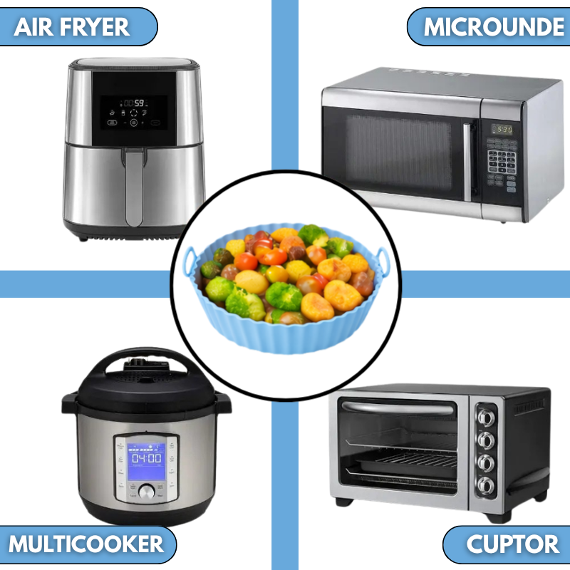 Tava Copt Air Fryer NARCIX®, Forma Silicon fara BPA, Reutilizabila, Antiaderenta, Rotunda, Accesoriu Air Fryer, Cuptor, Friteuza, Microunde 20x17x5cm, Albastru