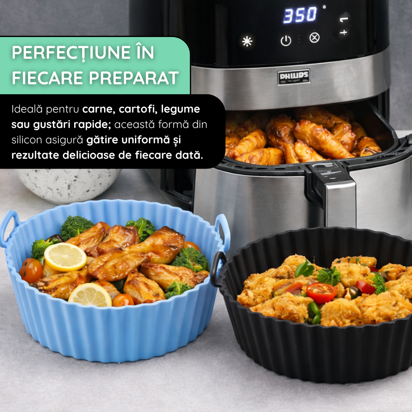 Tava Copt Air Fryer NARCIX®, Forma Silicon fara BPA, Reutilizabila, Antiaderenta, Rotunda, Accesoriu Air Fryer, Cuptor, Friteuza, Microunde 20x17x5cm, Verde