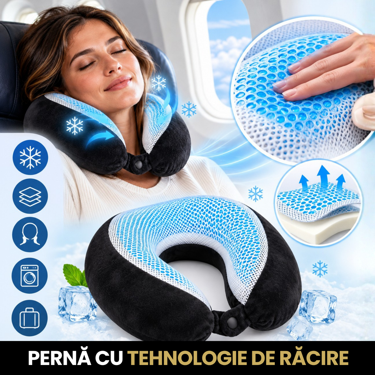 Perna de Calatorie pentru Gat cu Efect Racoritor din Spuma cu Memorie si Cooling Gel, Negru