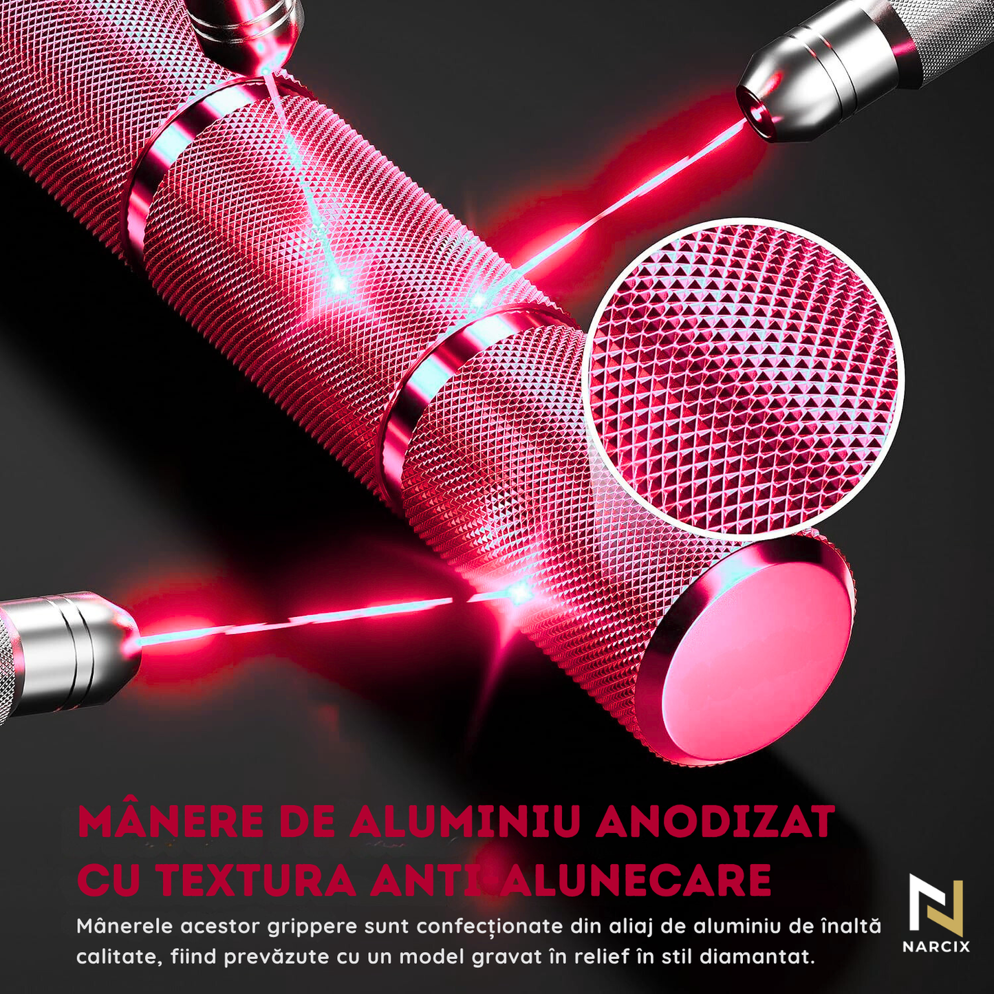Flexor Antebraț NARCIX®, Hand Gripper Profesional Roșu, Rezistență 100KG, Mânere din Aluminiu Anodizat cu Textură Anti-Alunecare, Arc Rezistent, Antrenament Mâini, Degete și Priză