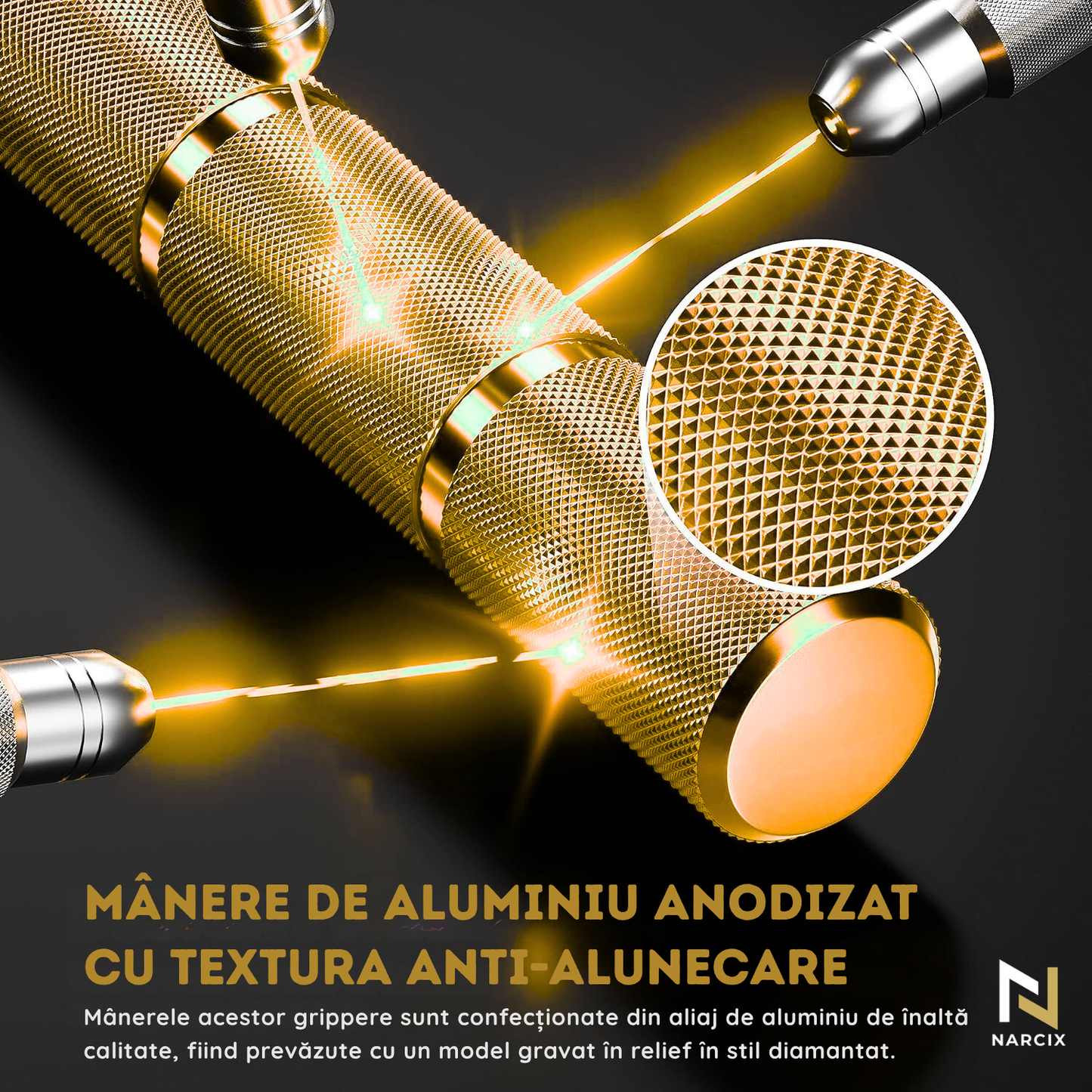 Flexor Antebraț NARCIX®, Hand Gripper Profesional Auriu, Rezistență 150KG, Mânere din Aluminiu Anodizat cu Textură Anti-Alunecare, Arc Rezistent, Antrenament Mâini, Degete și Priză