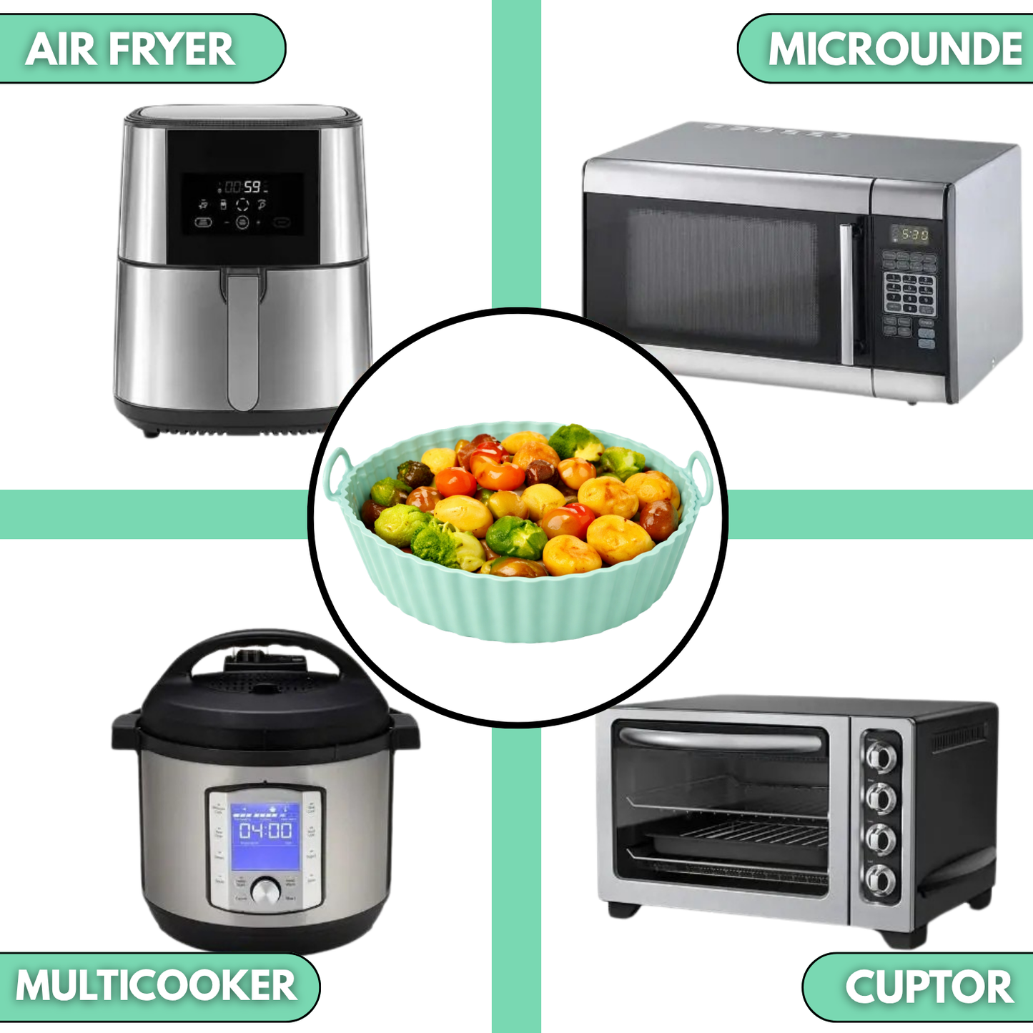 Tava Copt Air Fryer NARCIX®, Forma Silicon fara BPA, Reutilizabila, Antiaderenta, Rotunda, Accesoriu Air Fryer, Cuptor, Friteuza, Microunde 20x17x5cm, Verde