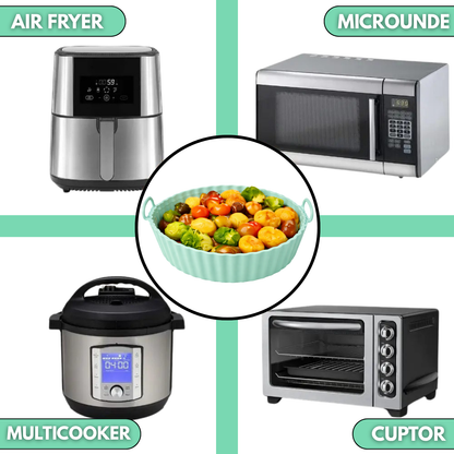 Tava Copt Air Fryer NARCIX®, Forma Silicon fara BPA, Reutilizabila, Antiaderenta, Rotunda, Accesoriu Air Fryer, Cuptor, Friteuza, Microunde 20x17x5cm, Verde