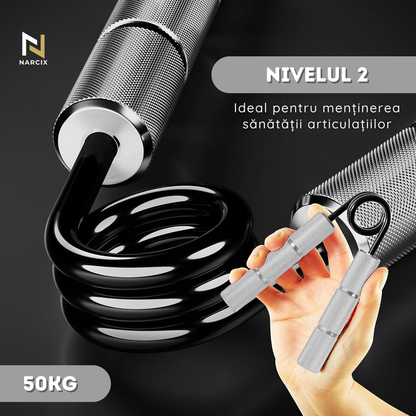 Flexor Antebraț NARCIX®, Hand Gripper Profesional Gri, Rezistență 50KG, Mânere din Aluminiu Anodizat cu Textură Anti-Alunecare, Arc Rezistent, Antrenament Mâini, Degete și Priză