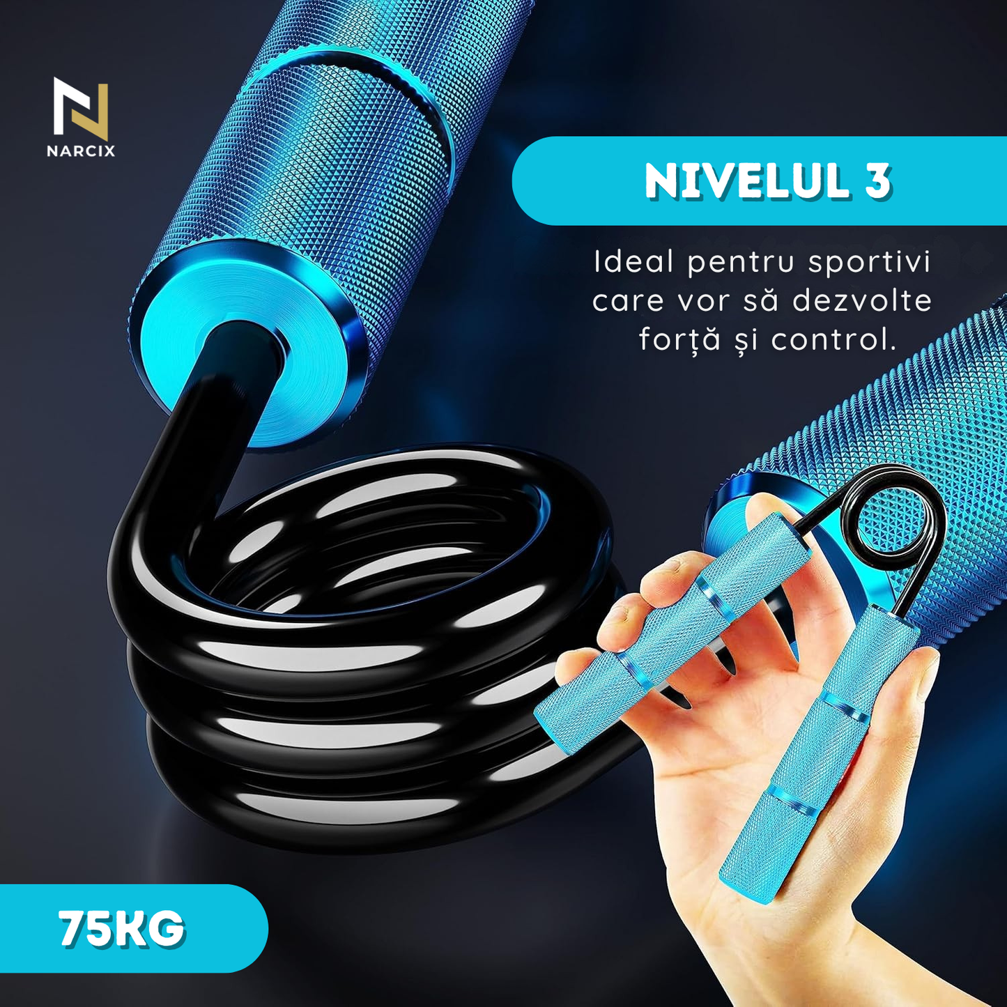 Flexor Antebrat NARCIX®, Hand Gripper Profesional Albastru, Rezistenta 75KG, Manere din Aluminiu Anodizat cu Textura Anti-Alunecare, Arc Rezistent, Antrenament Maini, Degete si Priza
