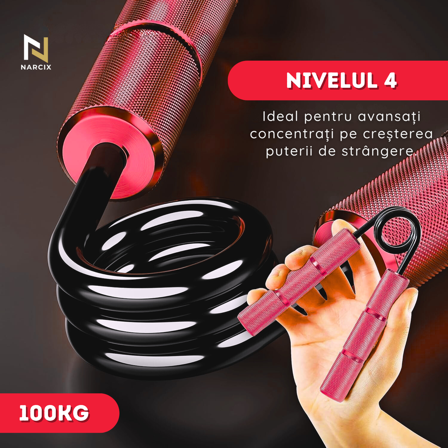 Flexor Antebraț NARCIX®, Hand Gripper Profesional Roșu, Rezistență 100KG, Mânere din Aluminiu Anodizat cu Textură Anti-Alunecare, Arc Rezistent, Antrenament Mâini, Degete și Priză