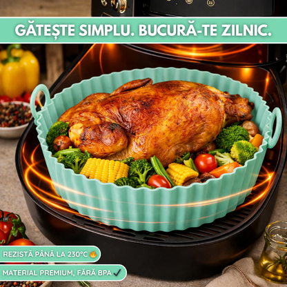 Tava Copt Air Fryer NARCIX®, Forma Silicon fara BPA, Reutilizabila, Antiaderenta, Rotunda, Accesoriu Air Fryer, Cuptor, Friteuza, Microunde 20x17x5cm, Verde