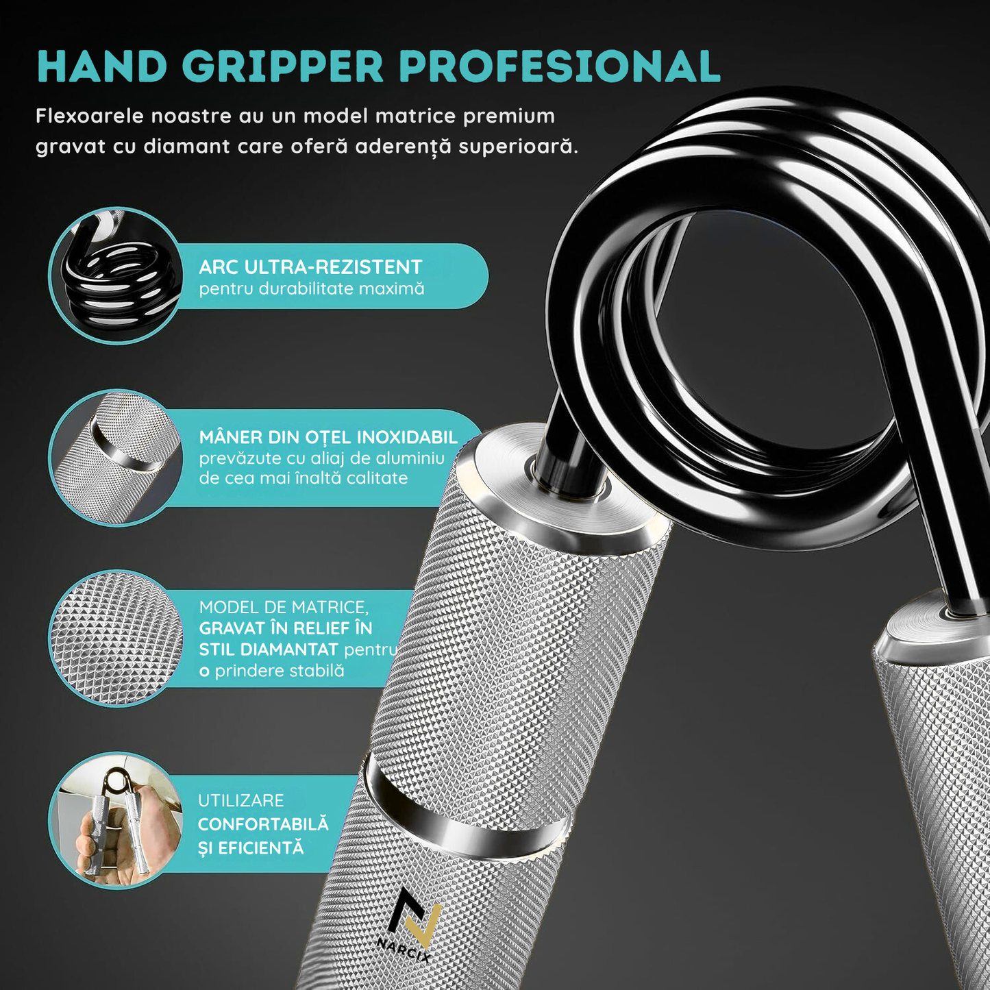 Flexor Antebraț NARCIX®, Hand Gripper Profesional Gri, Rezistență 50KG, Mânere din Aluminiu Anodizat cu Textură Anti-Alunecare, Arc Rezistent, Antrenament Mâini, Degete și Priză