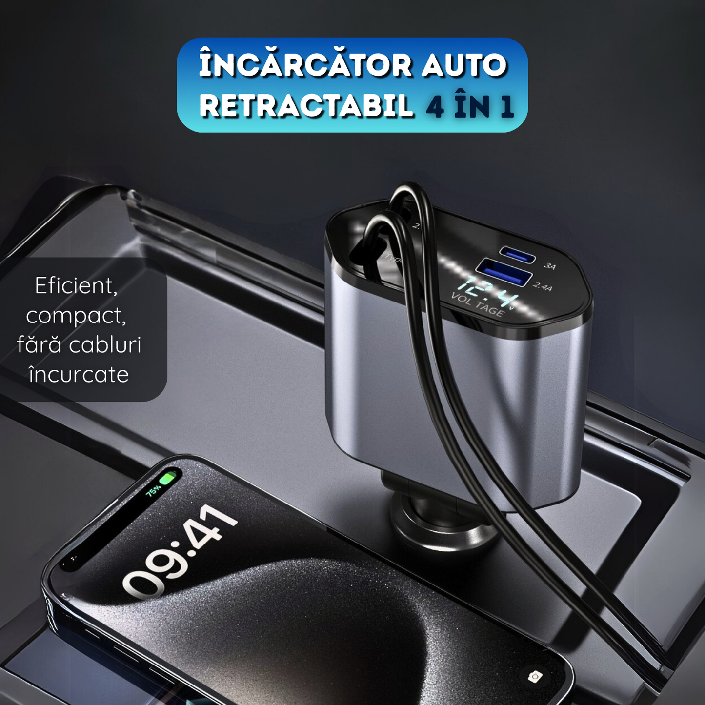 Incarcator auto 4 in 1, Retractabil, Lightning + Type-C, 120W
