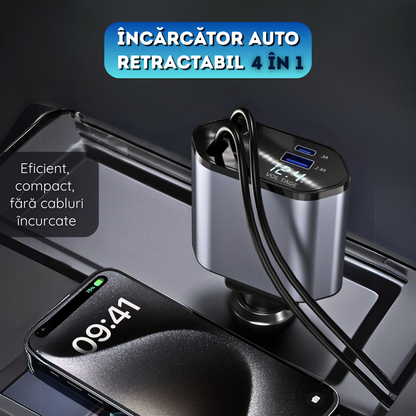 Incarcator auto 4 in 1, Retractabil, Lightning + Type-C, 120W