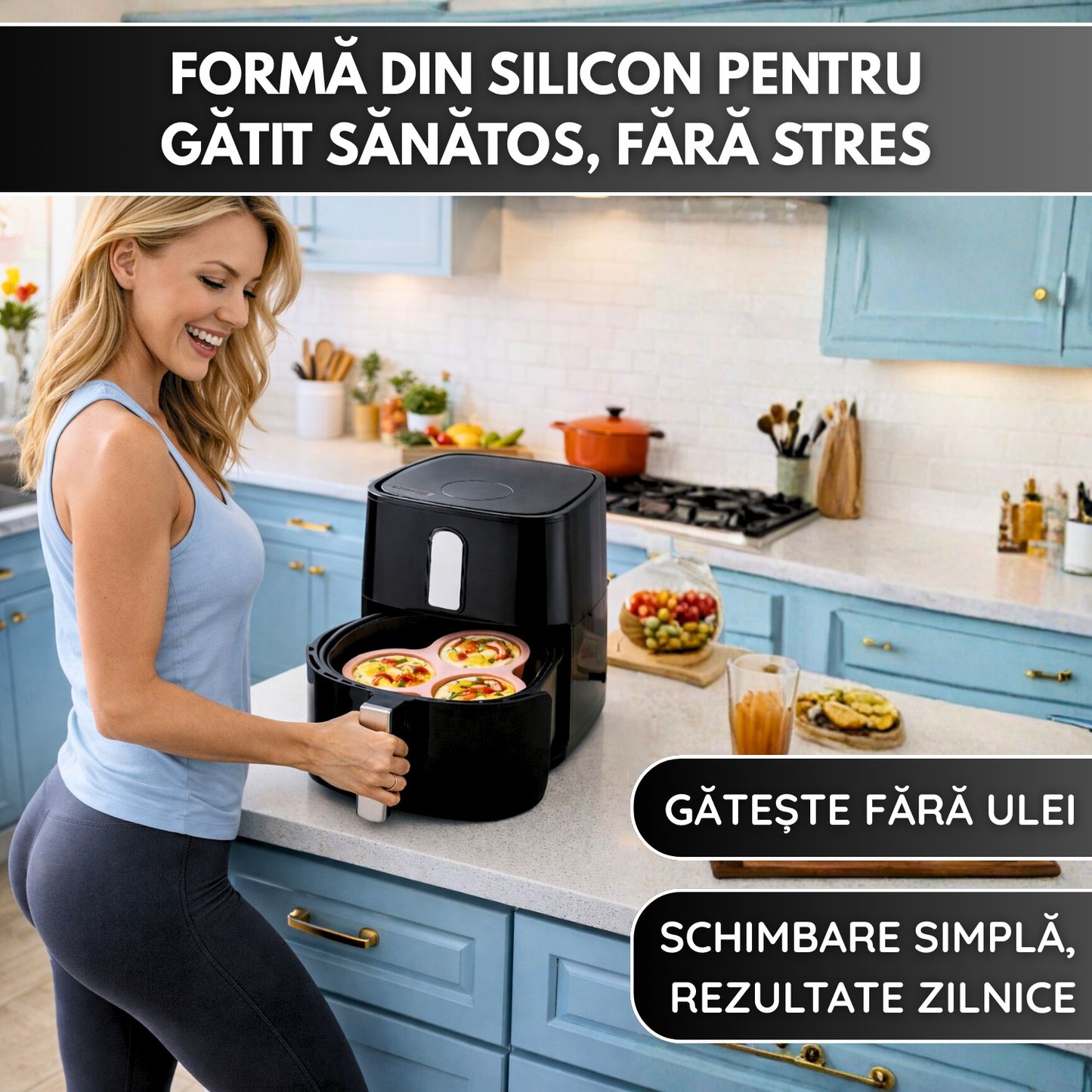 Forma Silicon Air Fryer NARCIX®, Silicon fara BPA, Ideal pentru Oua, Briose sau Clatite, 3 compartimente, Accesoriu Air Fryer, 23x21.5x2cm, Negru