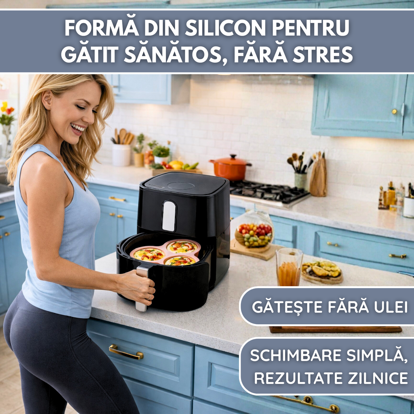 Forma Silicon Air Fryer NARCIX®, Silicon fara BPA, Ideal pentru Oua, Briose sau Clatite, 3 compartimente, Accesoriu Air Fryer, 23x21.5x2cm, Gri
