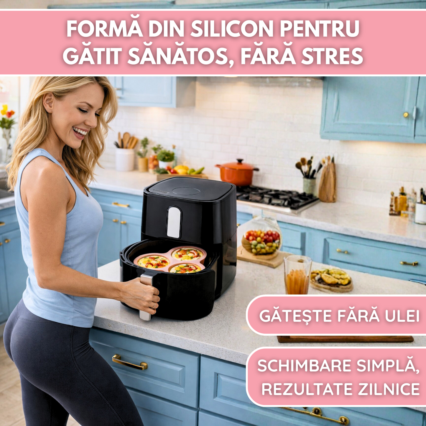 Forma Silicon Air Fryer NARCIX®, Silicon fara BPA, Ideal pentru Oua, Briose sau Clatite, 3 compartimente, Accesoriu Air Fryer, 23x21.5x2cm, Roz