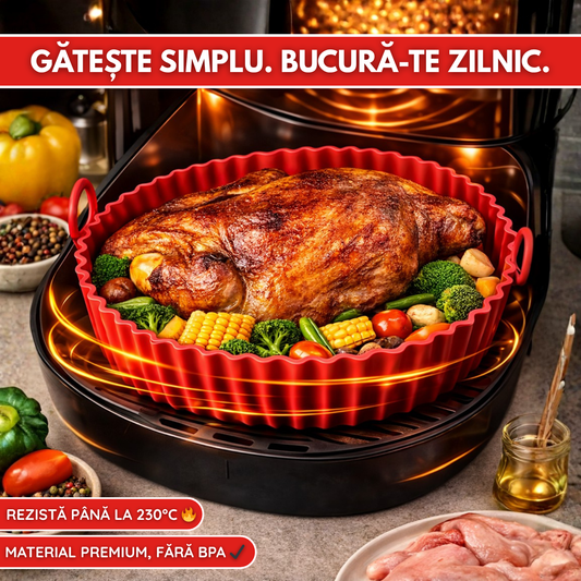 Tava Copt Air Fryer NARCIX®, Forma Silicon fara BPA, Reutilizabila, Antiaderenta, Rotunda, Accesoriu Air Fryer, Cuptor, Friteuza, Microunde 20x17x5cm, Rosu