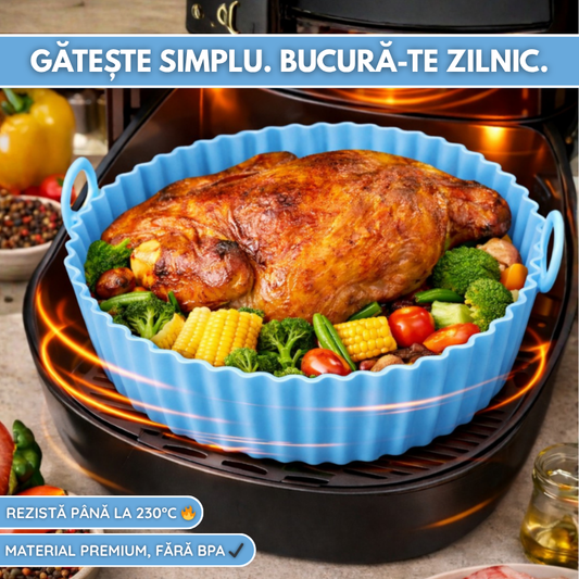 Tava Copt Air Fryer NARCIX®, Forma Silicon fara BPA, Reutilizabila, Antiaderenta, Rotunda, Accesoriu Air Fryer, Cuptor, Friteuza, Microunde 20x17x5cm, Albastru