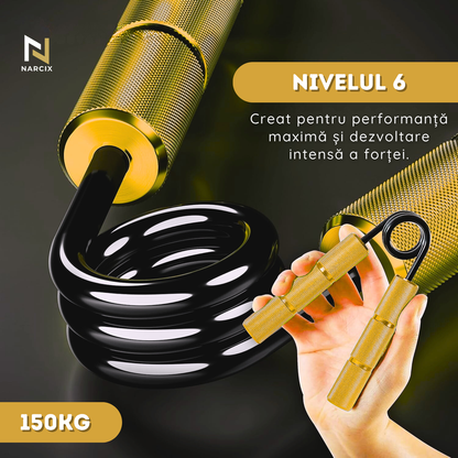 Flexor Antebraț NARCIX®, Hand Gripper Profesional Auriu, Rezistență 150KG, Mânere din Aluminiu Anodizat cu Textură Anti-Alunecare, Arc Rezistent, Antrenament Mâini, Degete și Priză