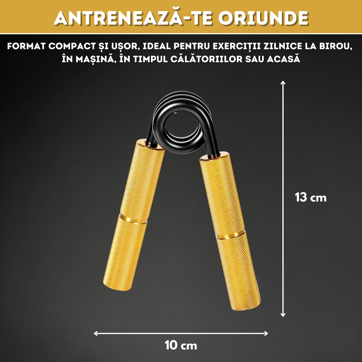 Flexor Antebraț NARCIX®, Hand Gripper Profesional Auriu, Rezistență 150KG, Mânere din Aluminiu Anodizat cu Textură Anti-Alunecare, Arc Rezistent, Antrenament Mâini, Degete și Priză