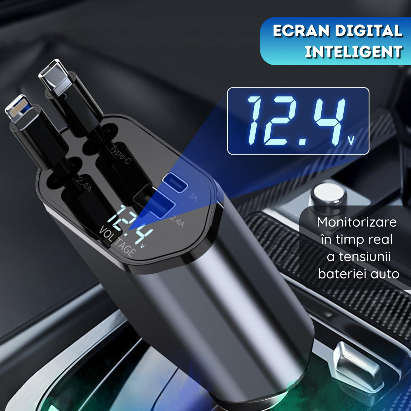 Incarcator auto 4 in 1, Retractabil, Lightning + Type-C, 120W