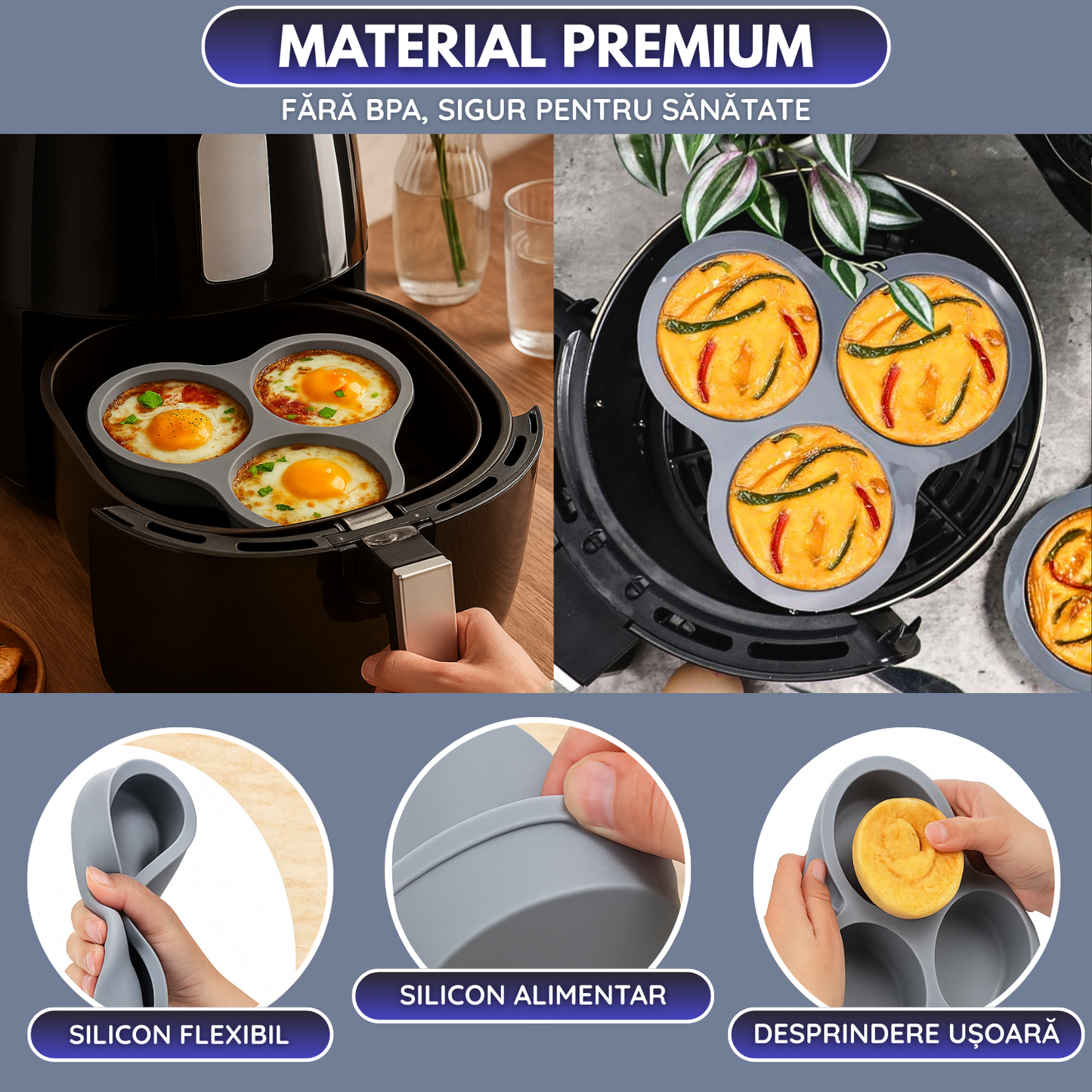 Forma Silicon Air Fryer NARCIX®, Silicon fara BPA, Ideal pentru Oua, Briose sau Clatite, 3 compartimente, Accesoriu Air Fryer, 23x21.5x2cm, Gri