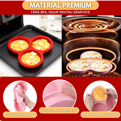 Forma Silicon Air Fryer NARCIX®, Silicon fara BPA, Ideal pentru Oua, Briose sau Clatite, 3 compartimente, Accesoriu Air Fryer, 23x21.5x2cm, Rosu