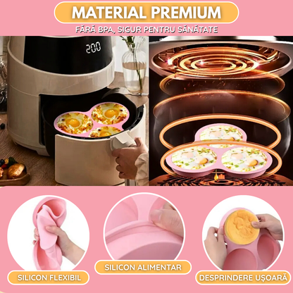 Forma Silicon Air Fryer NARCIX®, Silicon fara BPA, Ideal pentru Oua, Briose sau Clatite, 3 compartimente, Accesoriu Air Fryer, 23x21.5x2cm, Roz