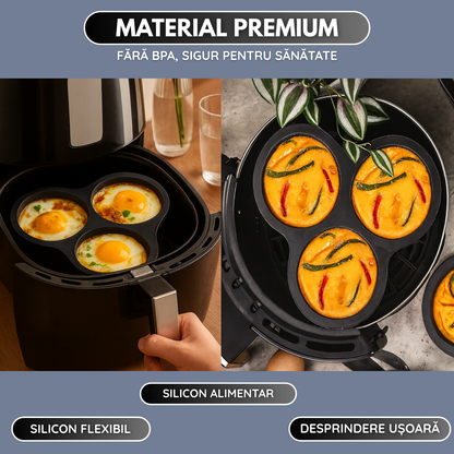Forma Silicon Air Fryer NARCIX®, Silicon fara BPA, Ideal pentru Oua, Briose sau Clatite, 3 compartimente, Accesoriu Air Fryer, 23x21.5x2cm, Negru