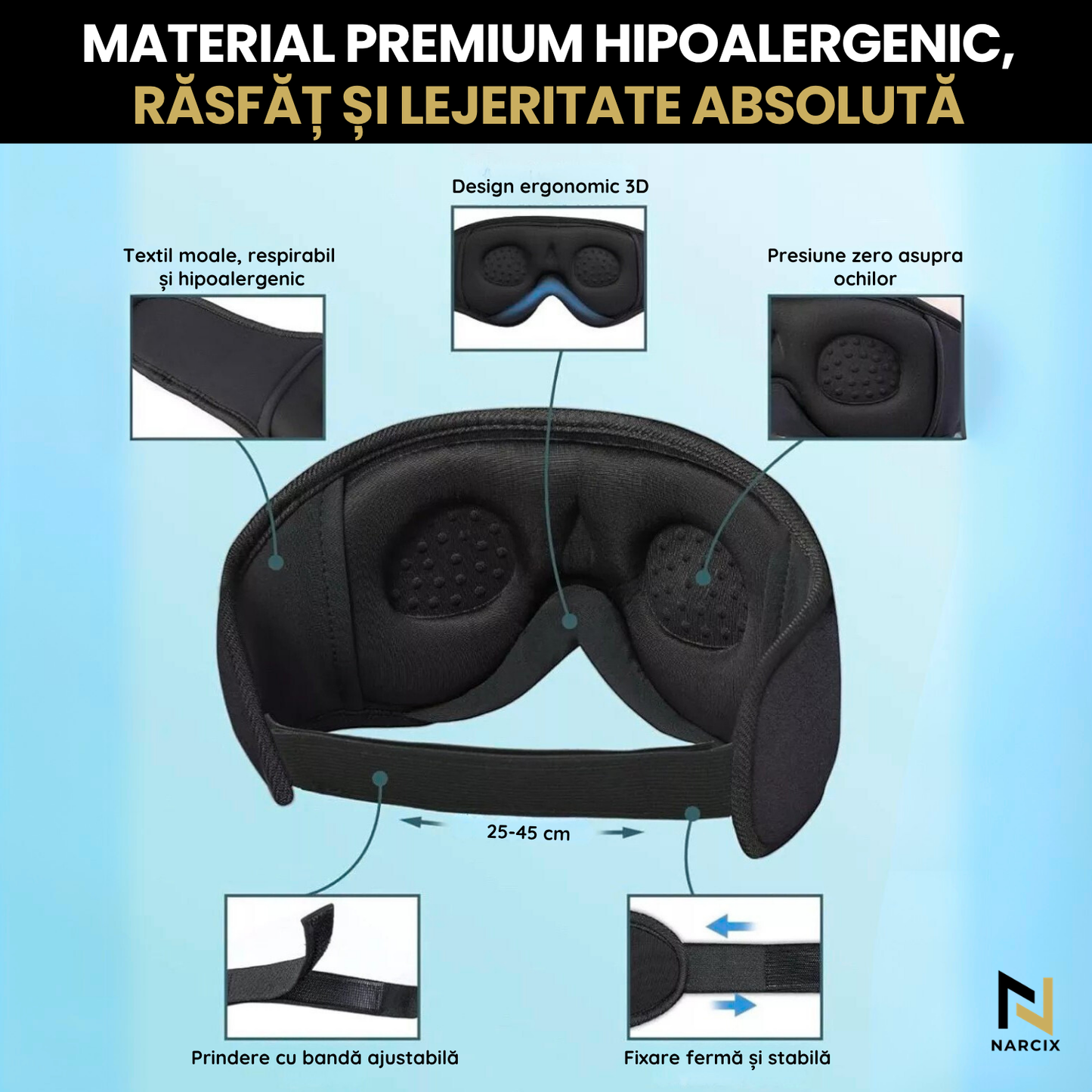 Sleeping Mask with Integrated Headphones, NARCIX®, Ideal Sleep Mask for a Deep and Peaceful Sleep, Sound and Light Isolation, Ergonomic 3D Design, Hypoallergenic Material, Bluetooth 5.1, Black