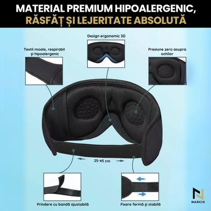 Sleeping Mask with Integrated Headphones, NARCIX®, Ideal Sleep Mask for a Deep and Peaceful Sleep, Sound and Light Isolation, Ergonomic 3D Design, Hypoallergenic Material, Bluetooth 5.1, Black