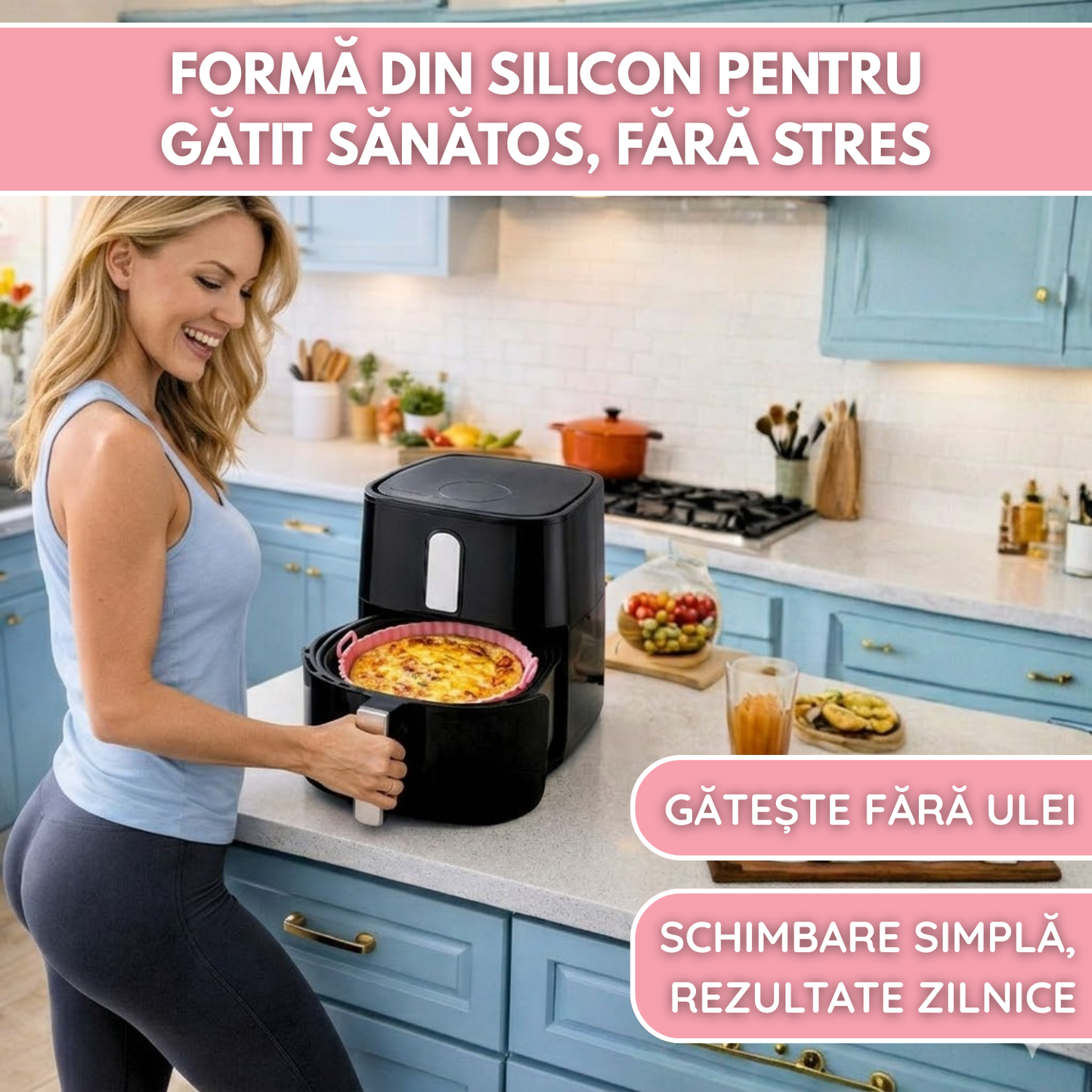 Tava Copt Air Fryer NARCIX®, Forma Silicon fara BPA, Reutilizabila, Antiaderenta, Rotunda, Accesoriu Air Fryer, Cuptor, Friteuza, Microunde 20x17x5cm, Roz
