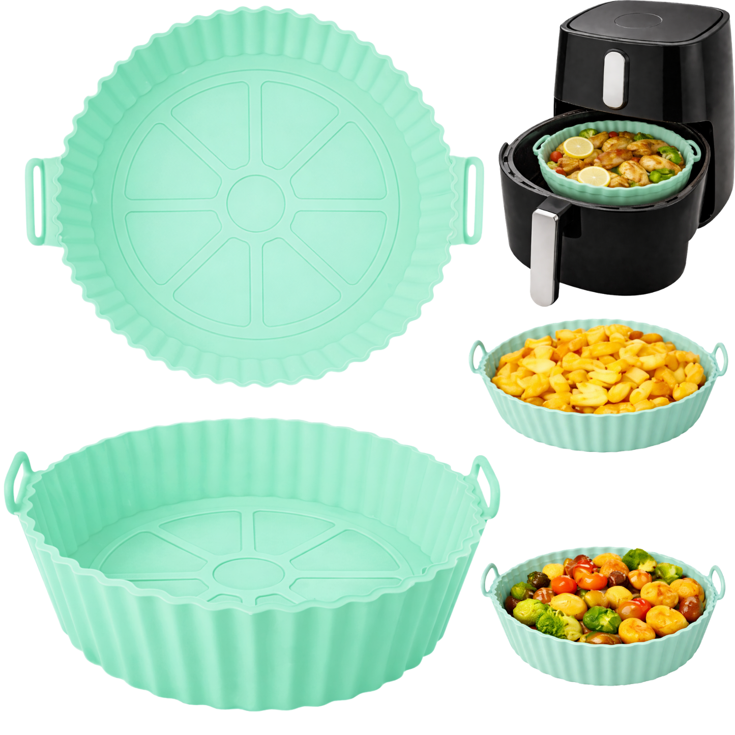 Tava Copt Air Fryer NARCIX®, Forma Silicon fara BPA, Reutilizabila, Antiaderenta, Rotunda, Accesoriu Air Fryer, Cuptor, Friteuza, Microunde 20x17x5cm, Verde