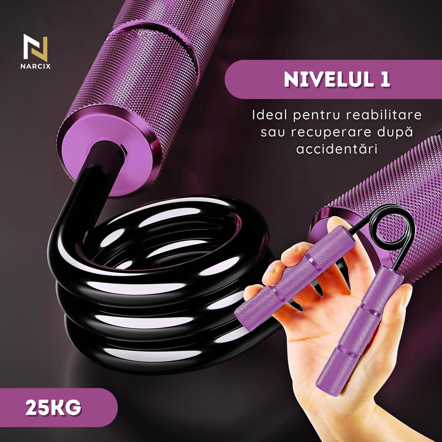 Flexor Antebraț NARCIX®, Hand Gripper Profesional Mov, Rezistență 25KG, Mânere din Aluminiu Anodizat cu Textură Anti-Alunecare, Arc Rezistent, Antrenament Mâini, Degete și Priză