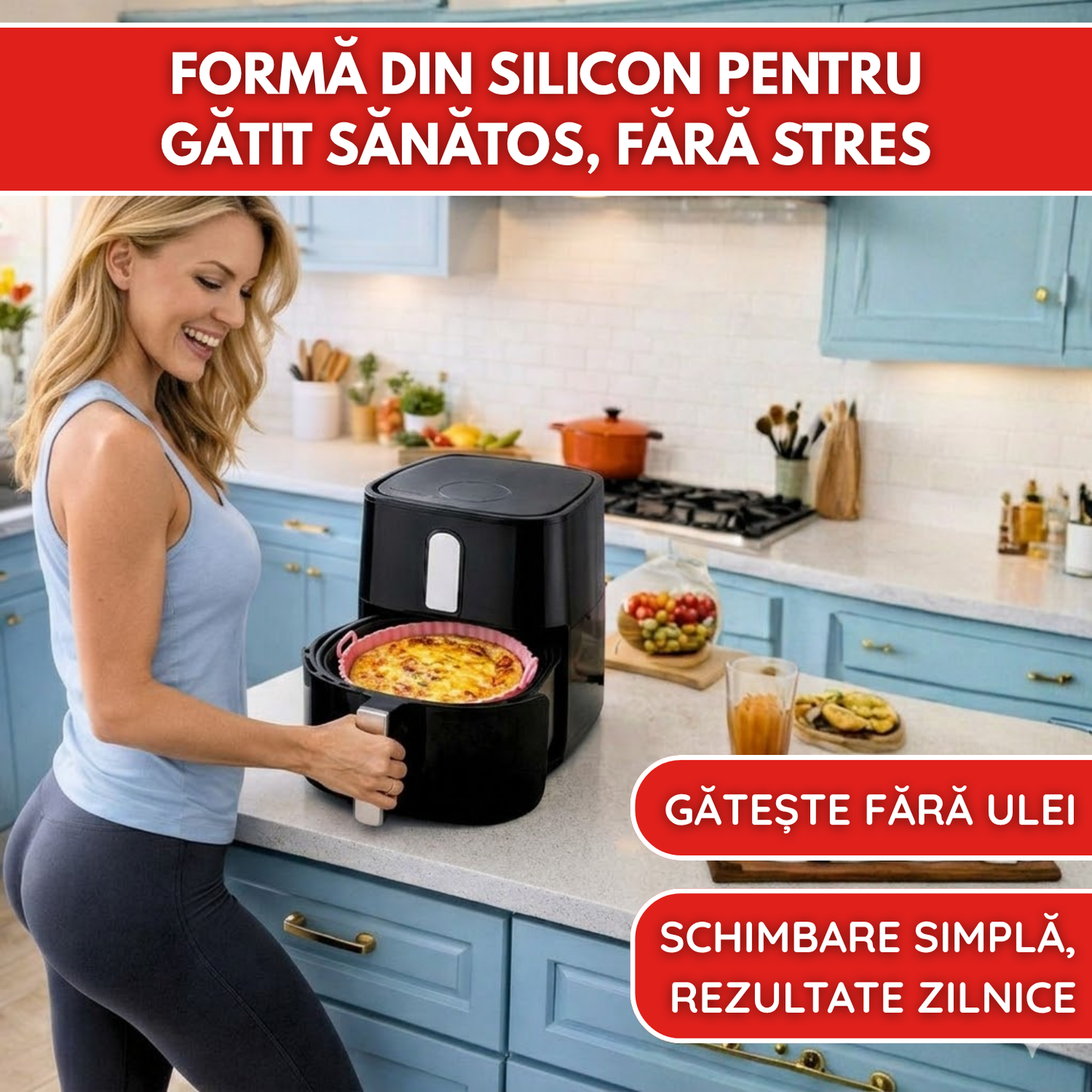 Tava Copt Air Fryer NARCIX®, Forma Silicon fara BPA, Reutilizabila, Antiaderenta, Rotunda, Accesoriu Air Fryer, Cuptor, Friteuza, Microunde 20x17x5cm, Rosu