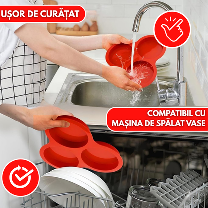 Forma Silicon Air Fryer NARCIX®, Silicon fara BPA, Ideal pentru Oua, Briose sau Clatite, 3 compartimente, Accesoriu Air Fryer, 23x21.5x2cm, Rosu
