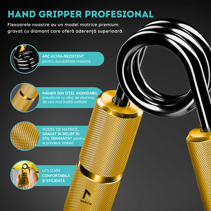 Flexor Antebraț NARCIX®, Hand Gripper Profesional Auriu, Rezistență 150KG, Mânere din Aluminiu Anodizat cu Textură Anti-Alunecare, Arc Rezistent, Antrenament Mâini, Degete și Priză